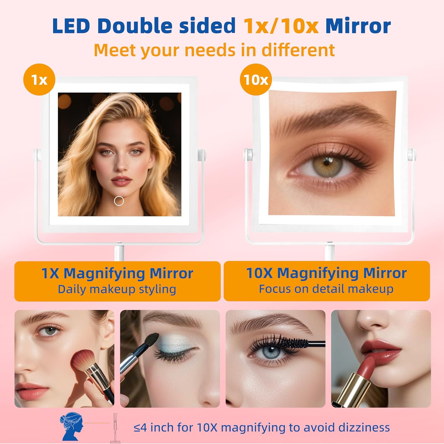 Ruacq Rechargeable Makeup Mirror, 4000mAh Lighted Makeup Mirror with Magnification 1X/10X, Height Adjustable Vanity Mirror with Lights, 3 Color Lights, Adjustable Brightness, 360°Rotation (White)