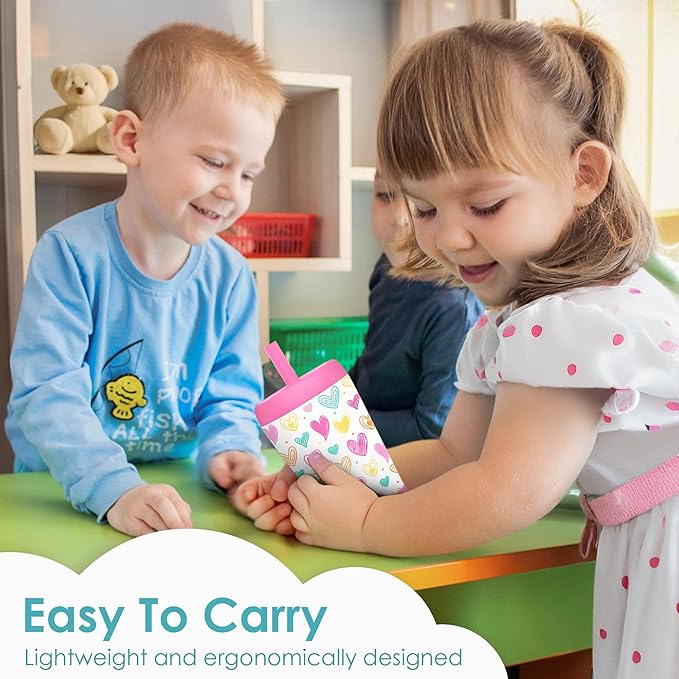 Kid Insulated Stainless Steel Tumbler with Silicone Straw, 12oz Sippy Cup for Kids (Playful Hearts)