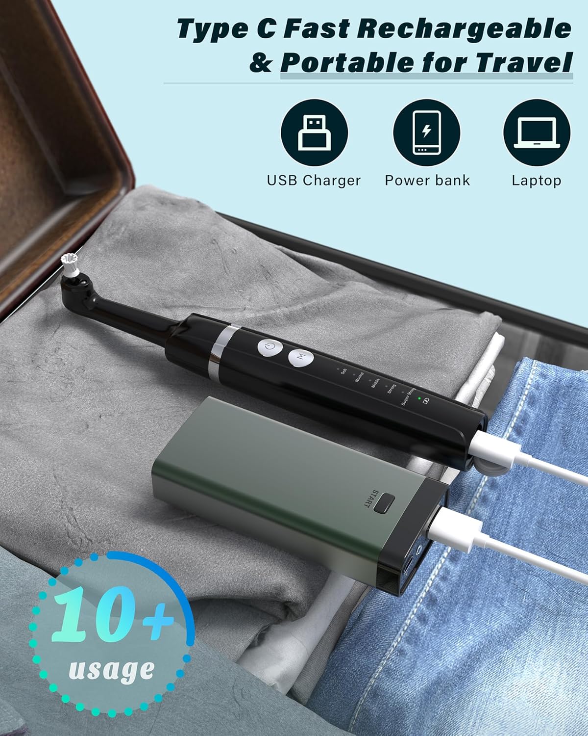 Tooth Polisher, Rechargeable Tooth Whitening Kit for Teeth Cleaning and Whitening, with 3 Tooth Polish Paste and 5 Brush Heads, LED Light, Easy to Use at-Home Personal Dental Care Kit (Black)