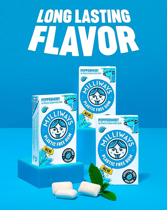 Milliways Peppermint | Plastic Free Gum | Xylitol, Aspartame-Free, Sugar-Free, Plant-Based, Natural Chewing Gum | 120 Pieces Total (12 Packs of 10 Pieces)