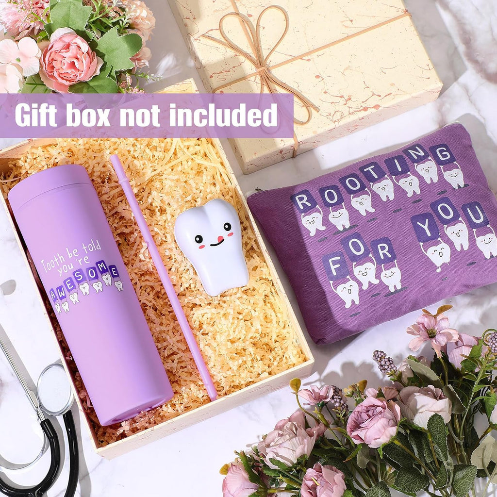 Skylety 3 Pcs Dental Hygiene Month Gifts Dental Assistant Hygienist Appreciation Gift 16oz Tumbler with Lid Cute Teeth Makeup Bag Stress Toy Employee Thank You Dentist Coworker Nurse Student(Purple)