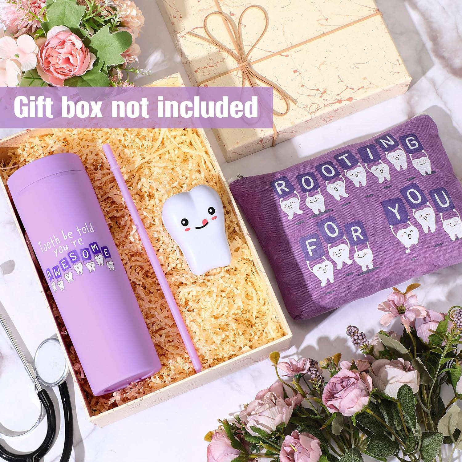 Skylety 3 Pcs Dental Hygiene Month Gifts Dental Assistant Hygienist Appreciation Gift 16oz Tumbler with Lid Cute Teeth Makeup Bag Stress Toy Employee Thank You Dentist Coworker Nurse Student(Purple)