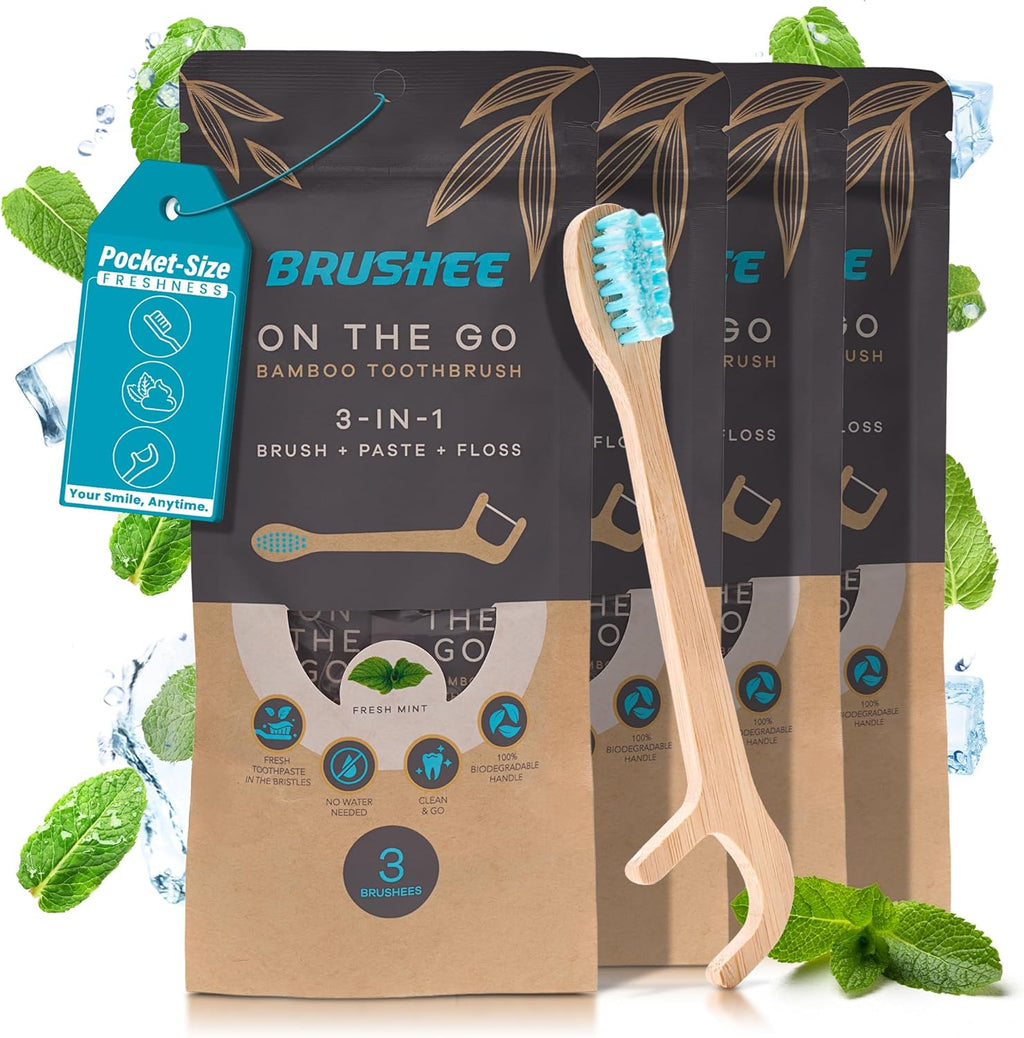 Brushee - 12 Pack Bamboo Toothbrushes Kit - 3-in-1 Travel Toothbrush with Flosser - Soft Eco-Friendly Disposable Toothbrushes with Toothpaste Fresh Mint Flavored - Individually Wrapped for Travel