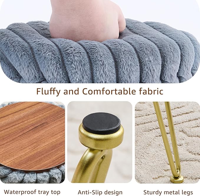 Wimarsbon Vanity Stool with Storage, Faux Fur Ottoman Chair with Metal Legs, Round Makeup Vanity Chair for Bedroom or Dressing Table, Modern Small Ottoman Seat (Grey)