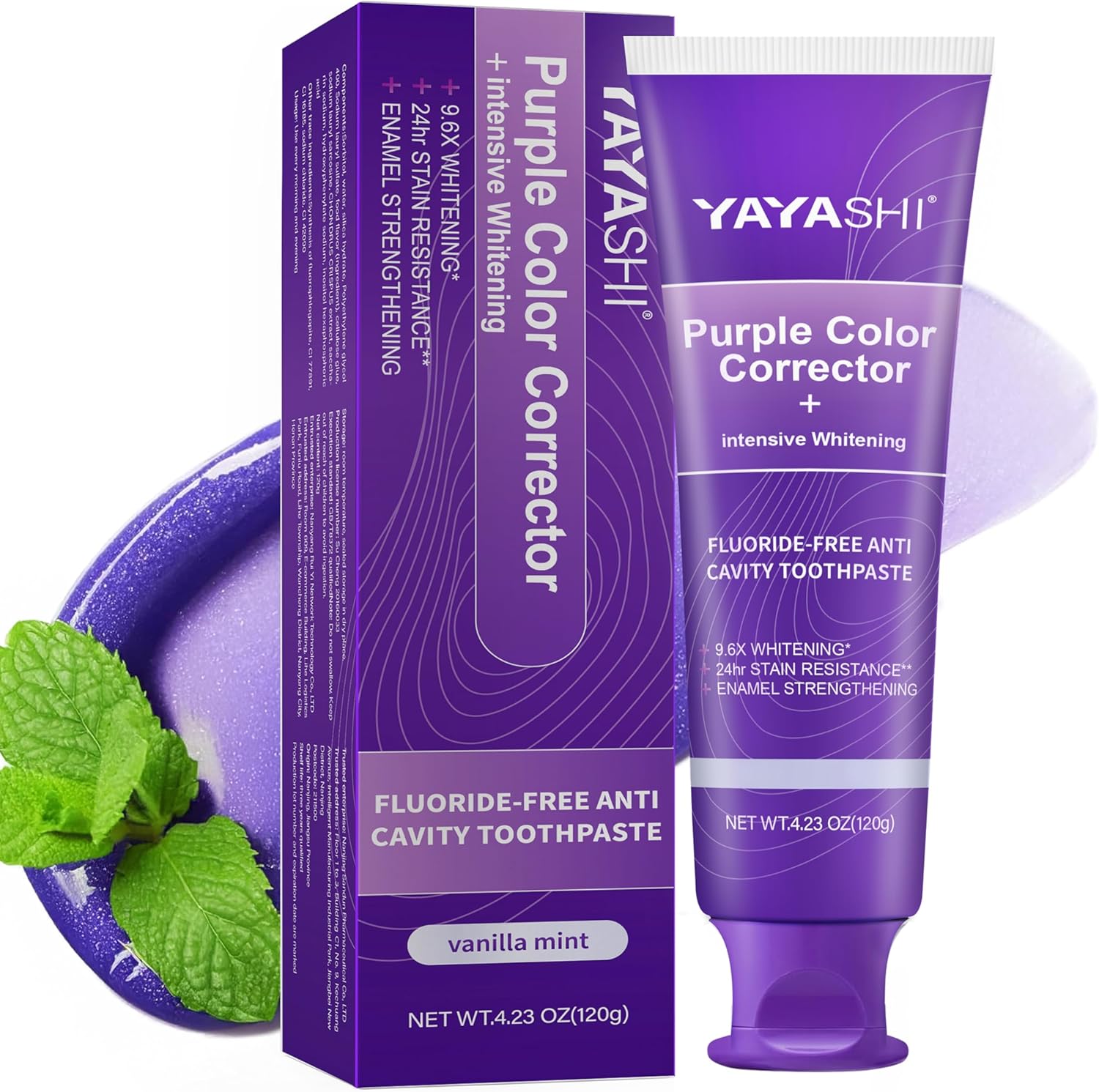 Purple Color Corrector Whitening Toothpaste, Fluoride-Free,Deep Stain Remover Toothpaste, Plaque Remover for Teeth,freshens Breath,Vanilla Mint
