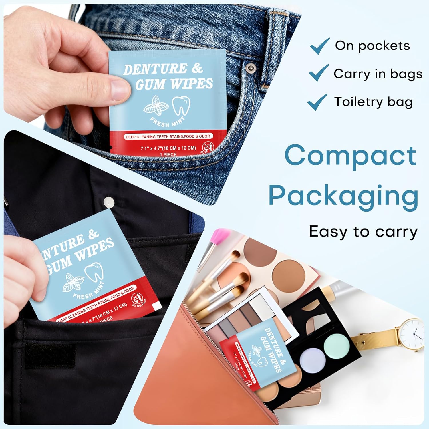 Denture Cleaner Wipes Disposable Teeth Gum Retainer Wipe Oral Care, Tooth Gums Cleaning Dental Dentures Tablets, Denture Adhesive Food Debris Braces Stain Odor Remover for Adults Elderly Mint 100 Pcs