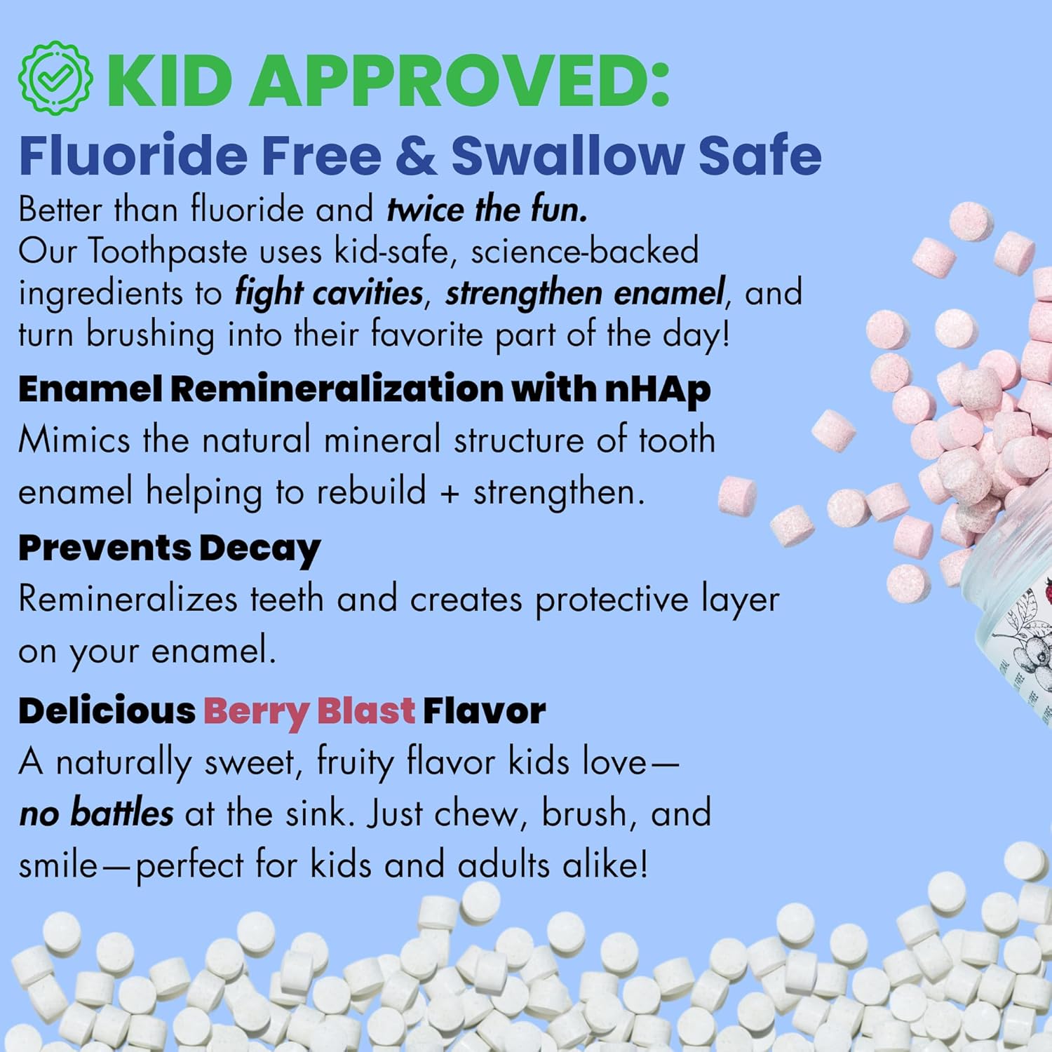 Vital Toothpaste Tabs with Nano-Hydroxyapatite | Berry Blast | Remineralizes Teeth | Kids Love It! | Fluoride Free | Plastic Free & Eco Friendly | Travel & TSA Approved | 62 Tablets (1 Month)