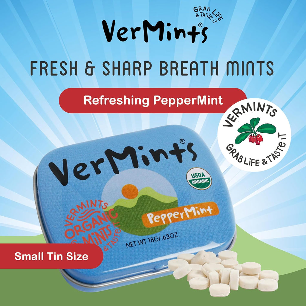 VerMints Organic Breath Mints PepperMint Candy Mints for Real Long-Lasting Flavor, Travel Size Tin - Non-GMO, Nut Free, Gluten Free, Vegan, Kosher Peppermints - .63oz/18g Tins (Pack of 12)