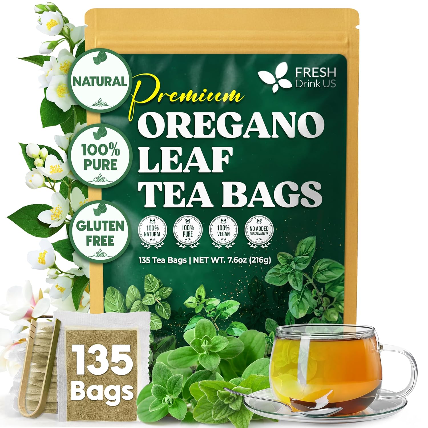 FreshDrinkUS, Oregano Leaf Tea | 135 Tea Bags – Pure Herbal Infusion from Origanum vulgare - Naturally Bold & Aromatic Flavor - Premium Quality, Sustainably Sourced. Vegan