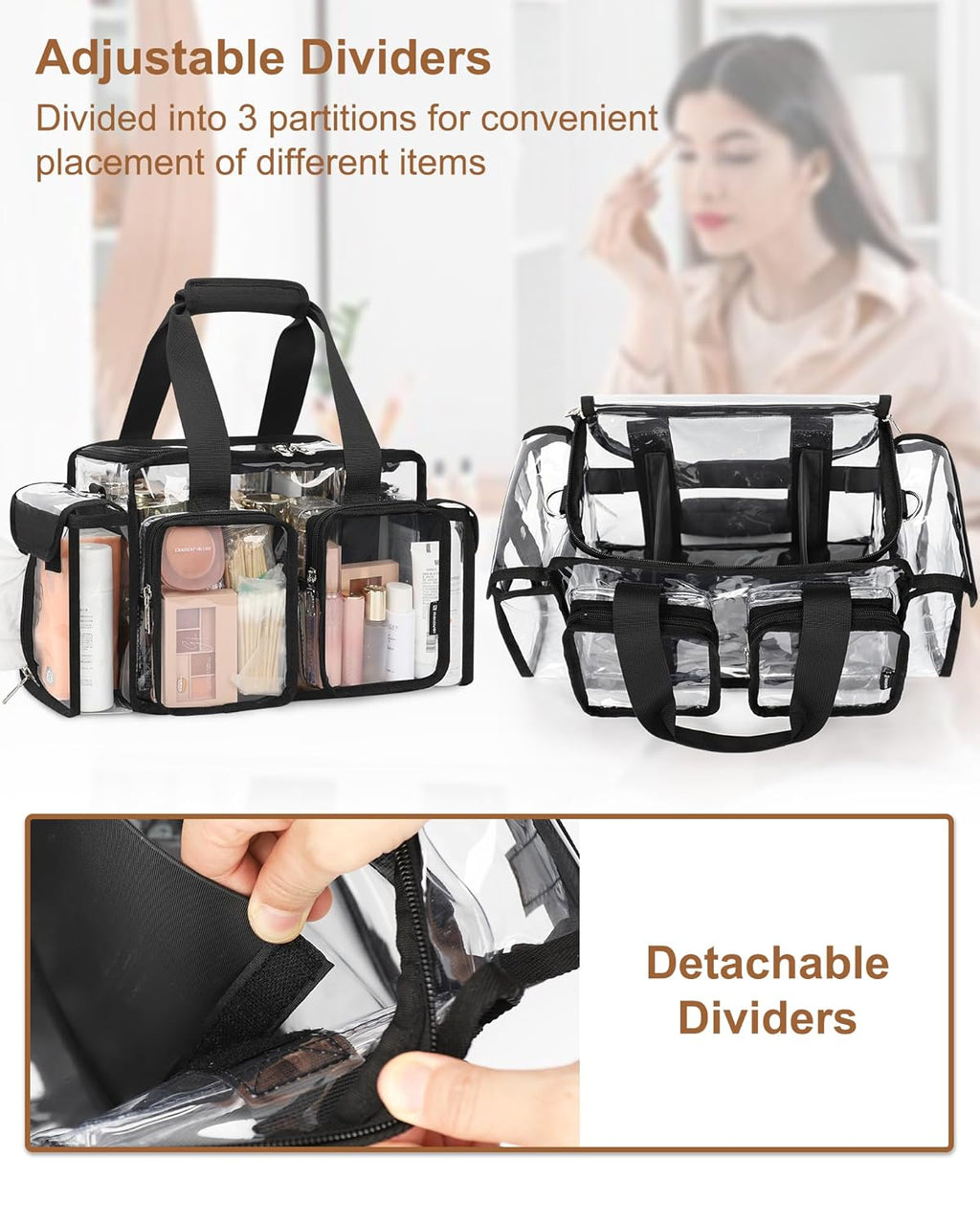 Relavel Clear Makeup Bag Professional Makeup Artist Kit Set Travel Cosmetic Organizer Case Transparent Stadium Approved Tote Bag Toiletry Lunch Duffle Work Shoulder Bag with Adjustable Dividers, Black