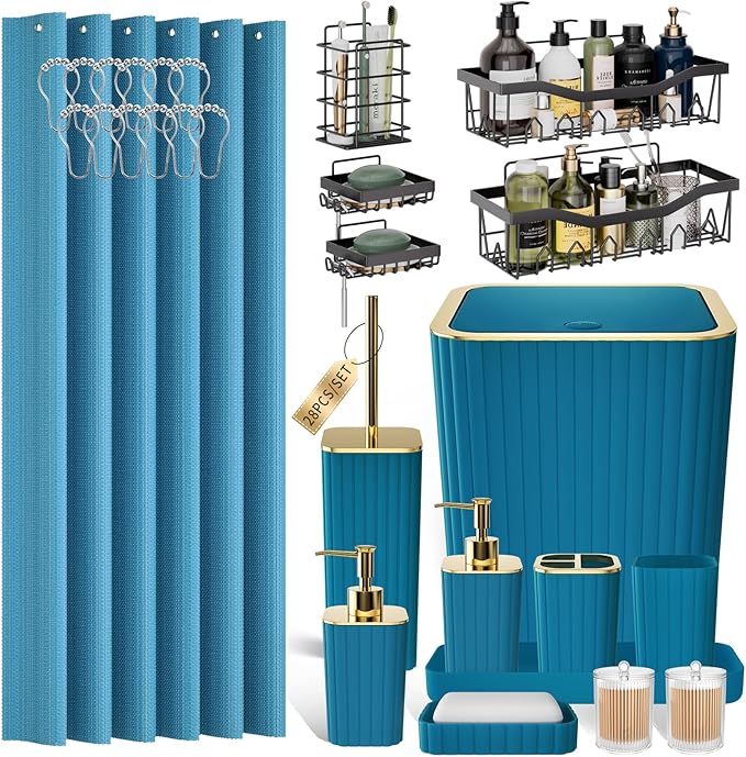 28PC Bathroom Accessories Set - Gorgeous Teal Bathroom Set with Shower Caddy and Shower Curtain, Bathroom Accessory Set, Soap Dish & Trash Can