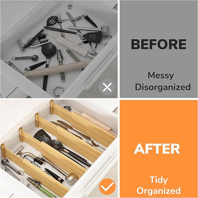 BAMEOS 4 PCS Bamboo Drawer Divider Adjustable Drawer Dividers Kitchen Drawer Organization Utensil Organizers for Kitchen Dresser Bathroom Bedroom and Office