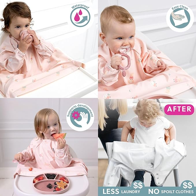 BIBaDO - Long Sleeve Baby Bibs - Babies & Toddlers 6-36 Months - Coverall Baby Led Weaning Bib - Easy Wipe, Soft & Waterproof