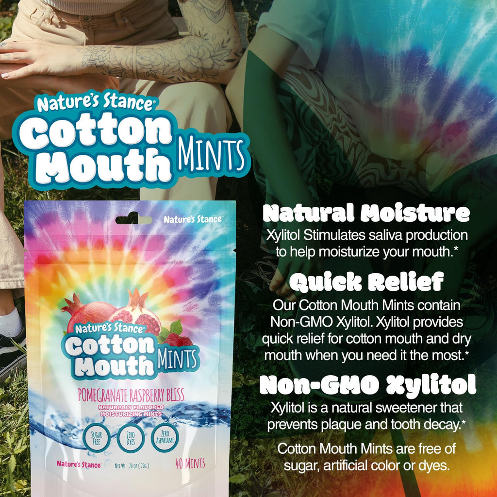 Nature's Stance Xylitol Mints for Cotton Mouth Relief, Dry Mouth Lozenges Sugar Free, Mouth Watering Mints - Stimulates Saliva & Freshens Breath, 40 Count (Pomegranate Raspberry Bliss)