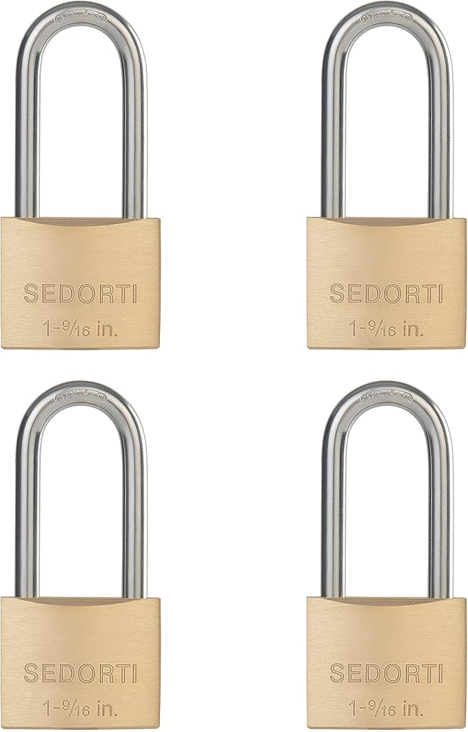 Weatherproof Padlock with Stainless Steel 304 Long Shackle and Solid Brass Body, 1-9/16 in. Wide, 4 Padlocks Keyed Alike, Marine Grade Rustproof Lock for Outdoors Use YNBSP440