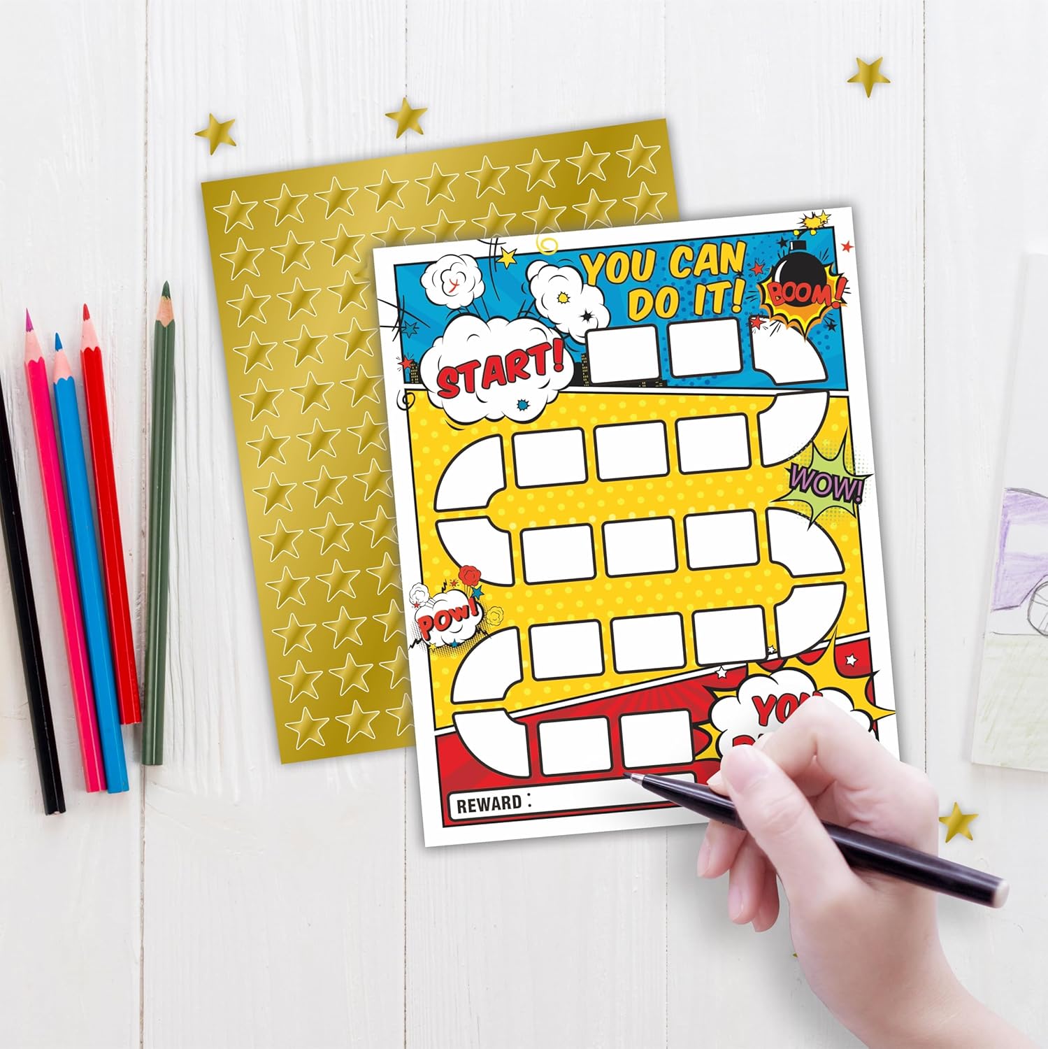 10 Reward Chart with 206 Golden Star Stickers-Comic Theme-Incentive Chart,Positive Behavior Reward Chart for Kids,Toddler Homework Assignments, Attendance(8"X10")-A02