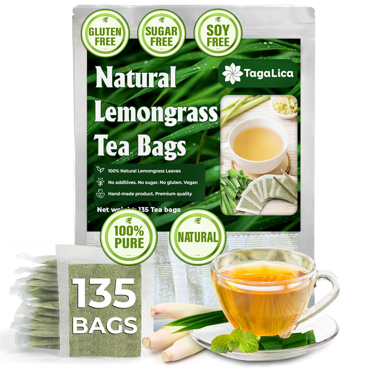 135 Lemongrass Tea Bags, 100% Natural & Pure Lemongrass leaves, Eco-Conscious Tea Bags, Lemongrass Herbal Tea. Lemongrass Leaf Tea. No Sugar, No Caffeine, No Gluten, Vegan.