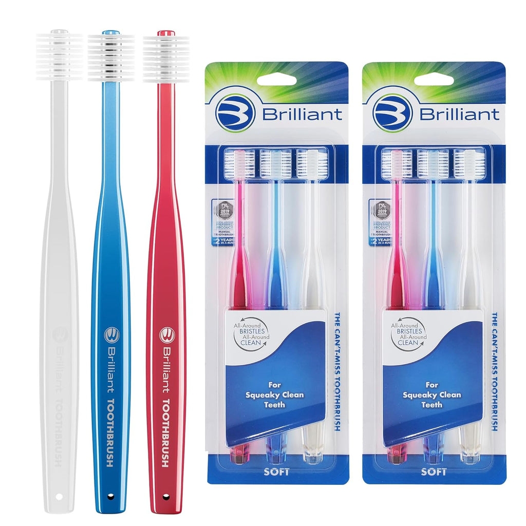 Brilliant Oral Care Adult Toothbrush with Soft Bristles, Round Head, and All-Around Clean for Teeth and Gums, Assorted Colors, 6 Pack