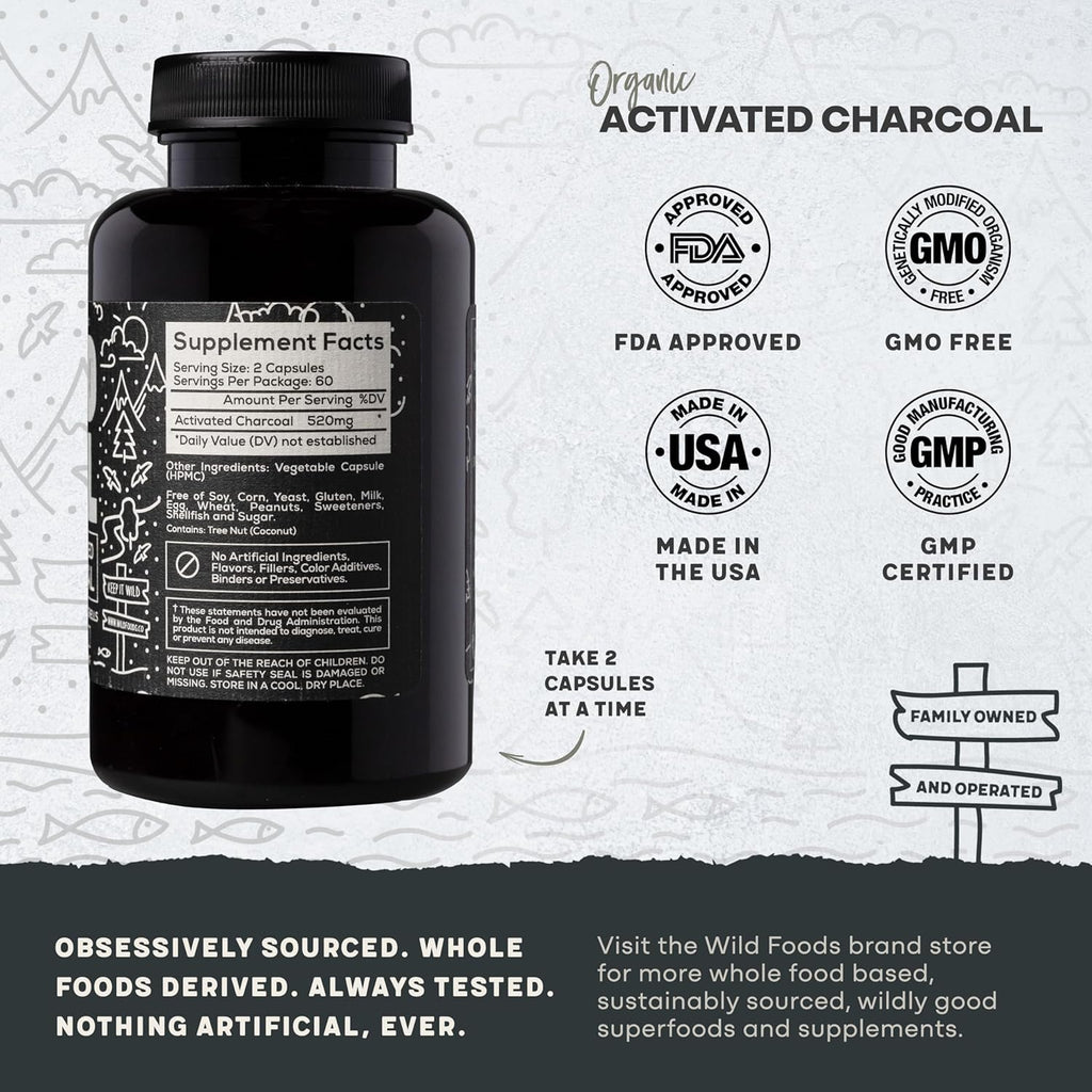 Wild Foods Activated Charcoal Capsules | 100% Organic Coconut Shells Active Tablets for Bloating Relief | Lab Tested & Non-GMO Detox Pills | USA (Two Bottles - 120 Capsules)