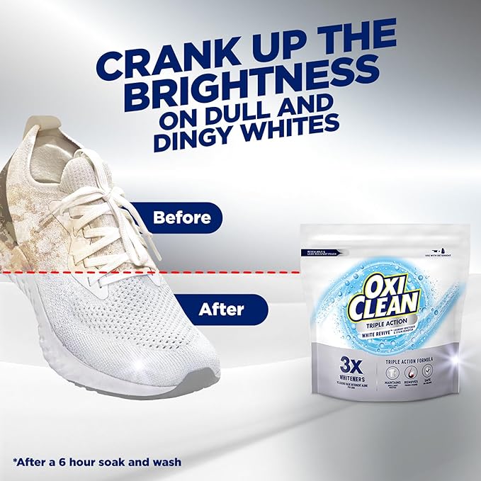 OxiClean Triple Action White Revive Laundry Whitener and Stain Remover Powder, Use with Detergent, Whitens and Brightens Clothes, Removes Tough Stains, Color Safe, Chlorine Free, 4 lbs