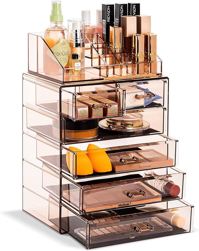 Sorbus Acrylic Makeup Organizer Set, 6-Drawer Vanity & Countertop Cosmetic Storage with Small & Wide Compartments, Bronze Glow Makeup Storage for Brushes, Jewelry – Holiday Gift for Women & Teens
