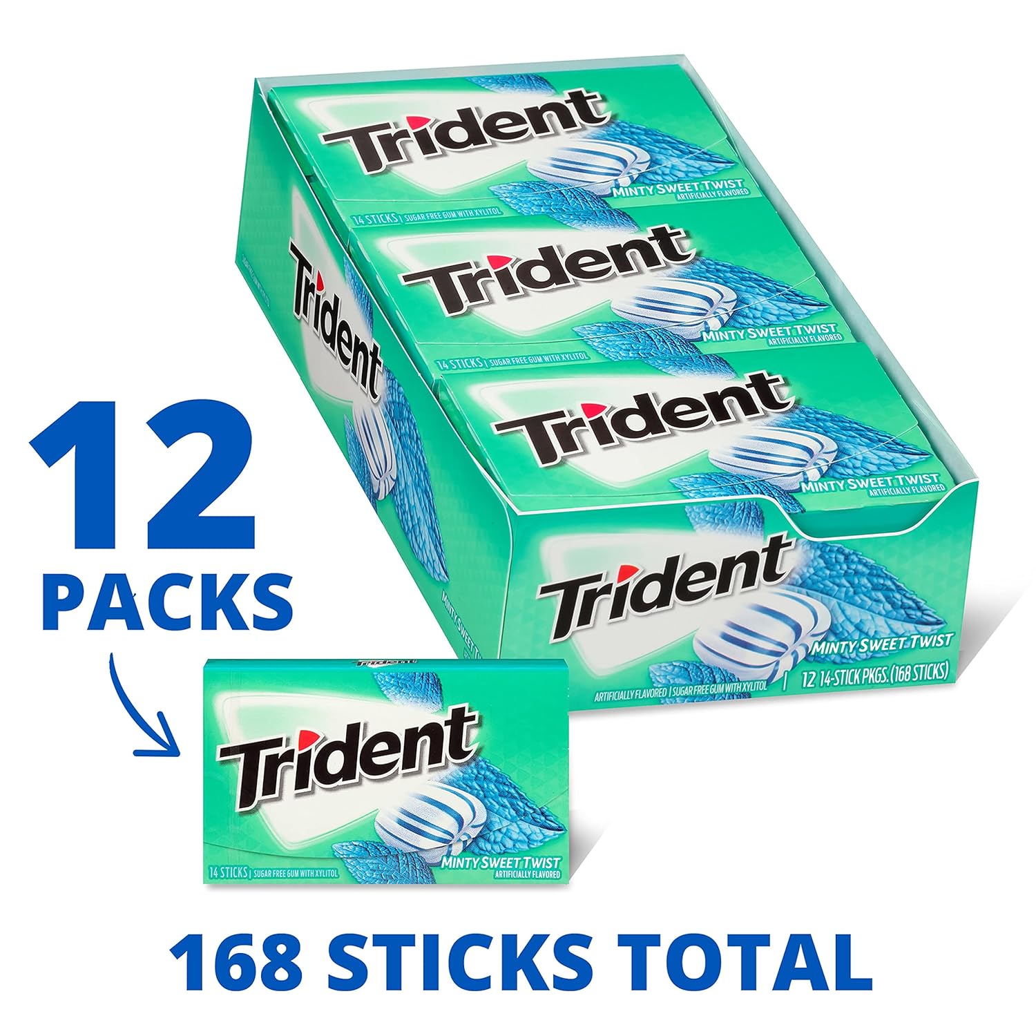 Trident Minty Sweet Twist Sugar-Free Chewing Gum, 12 Packs of 14 Pieces (168 Total Pieces)
