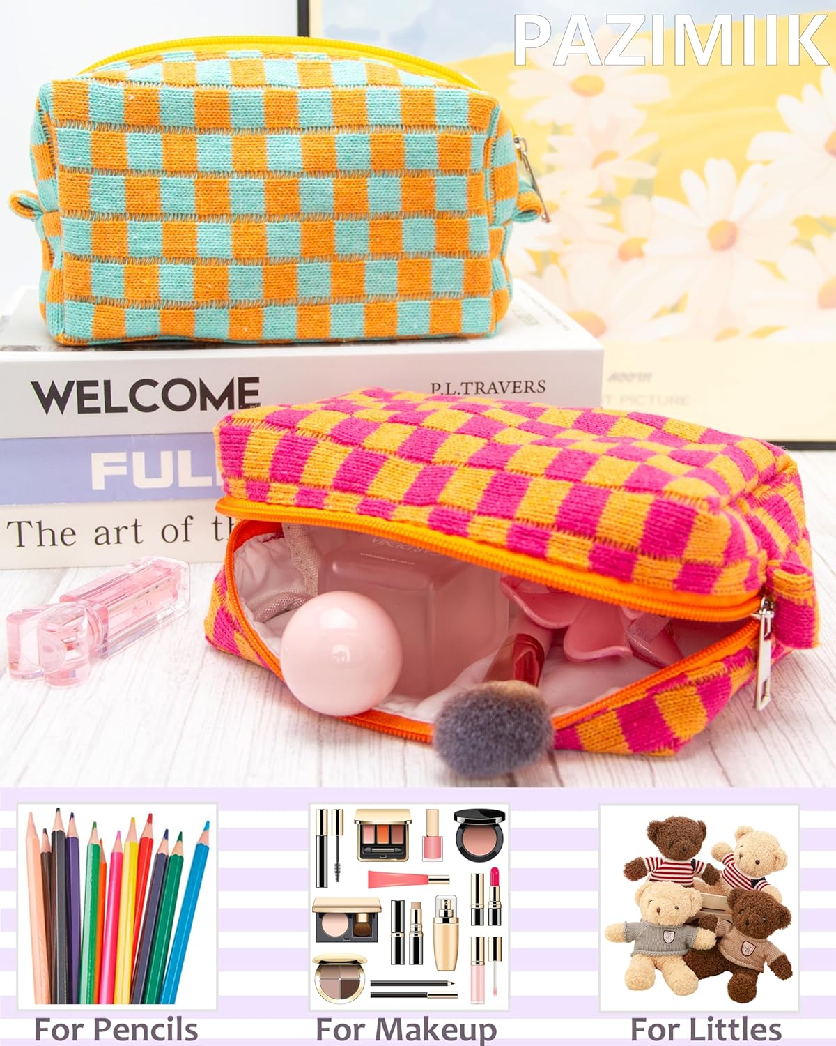 PAZIMIIK Checkered Makeup Bag for Purse Portable Zipper Make Up Pouch Small Cosmetic Case for Travel Red Orange