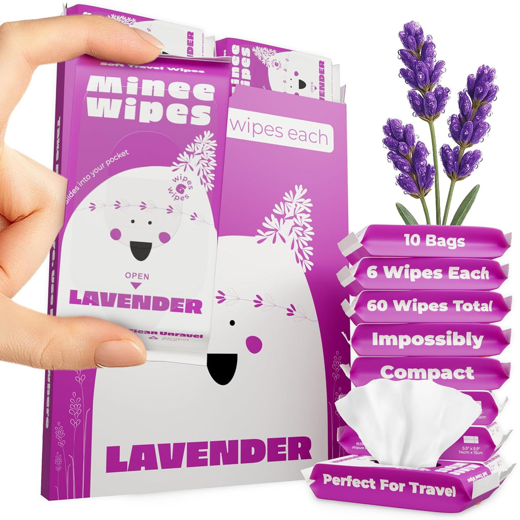 Impossibly Compact Travel Wipes - 99.5% Water - Safe for Sensitive Skin & Hypoallergenic, Resealable, Thick & Durable - For Adults, Kids & Baby Care - Lavander, 10 Pack Total 60 Wipes