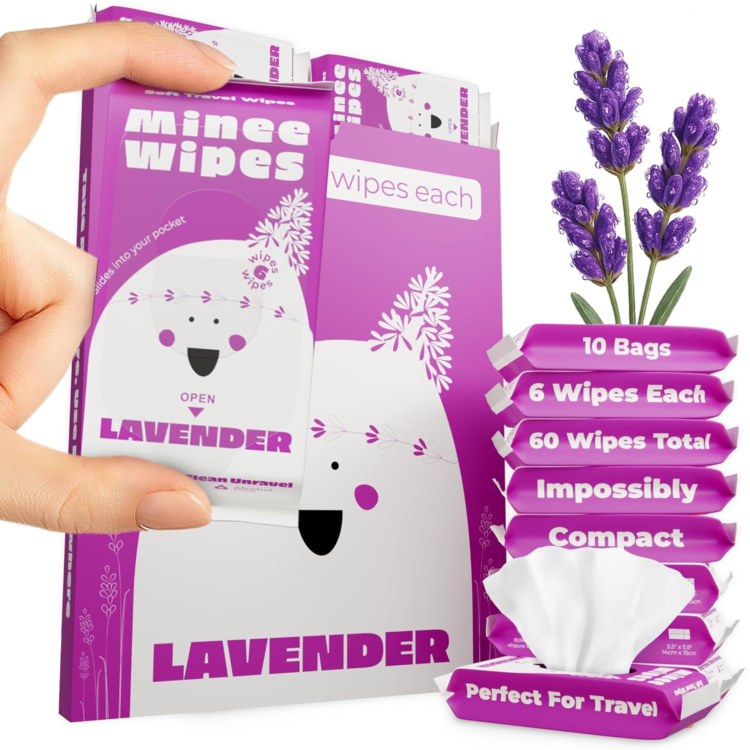 Impossibly Compact Travel Wipes - 99.5% Water - Safe for Sensitive Skin & Hypoallergenic, Resealable, Thick & Durable - For Adults, Kids & Baby Care - Lavander, 10 Pack Total 60 Wipes