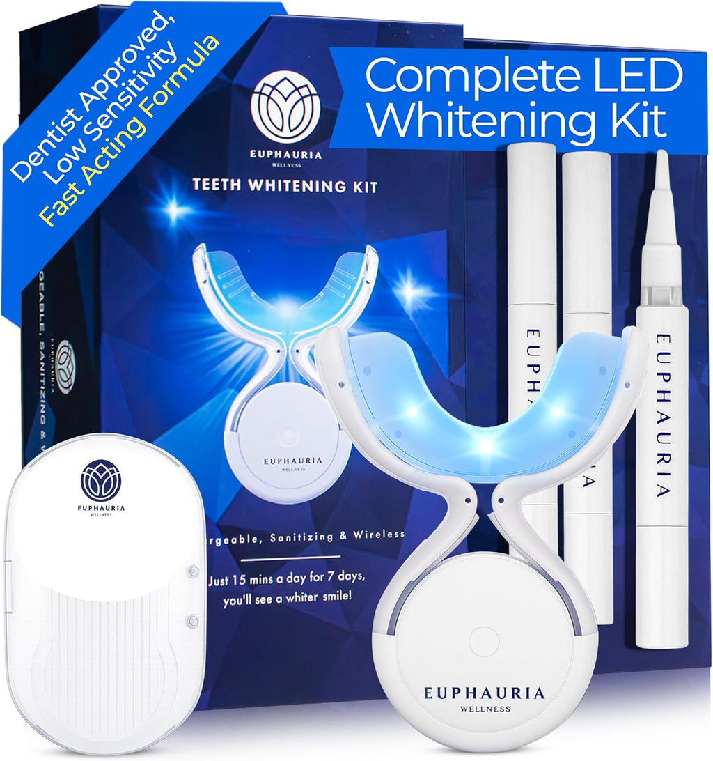 Premium Teeth Whitening Kit with a Rechargeable Wireless Red and Blue UV Whitening Spectrum LED Lights Accelerator Mouthpiece, a Sanitizing Travel Storage Case & Three 2 ml Whitening Gel Pen
