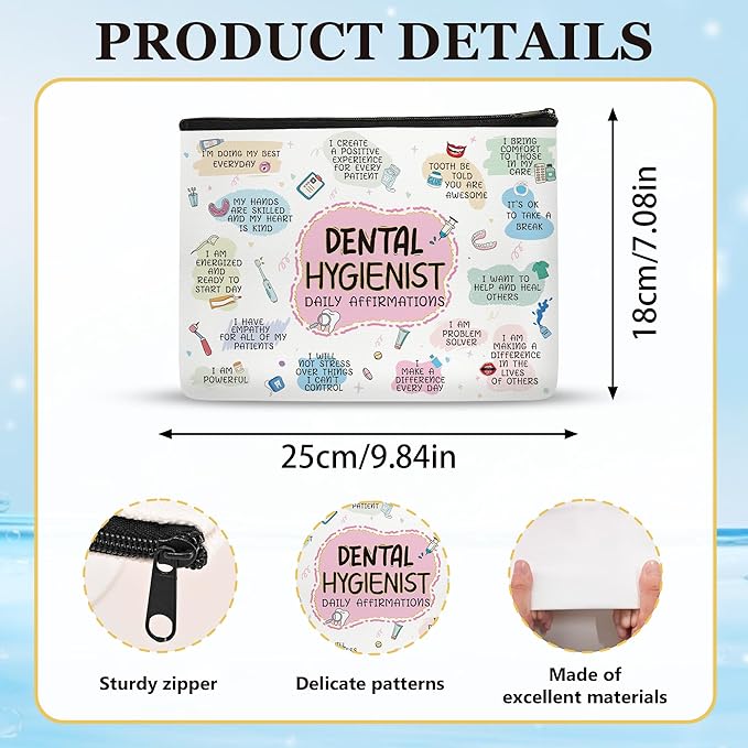 Dental Hygienist Gifts Makeup Bag for Women, Fun Cosmetic Pouch for Dental Assistant, Daily Affirmations Toiletry Bag, Lightweight Zipper Organizer for Work, Travel, Appreciation, Birthday