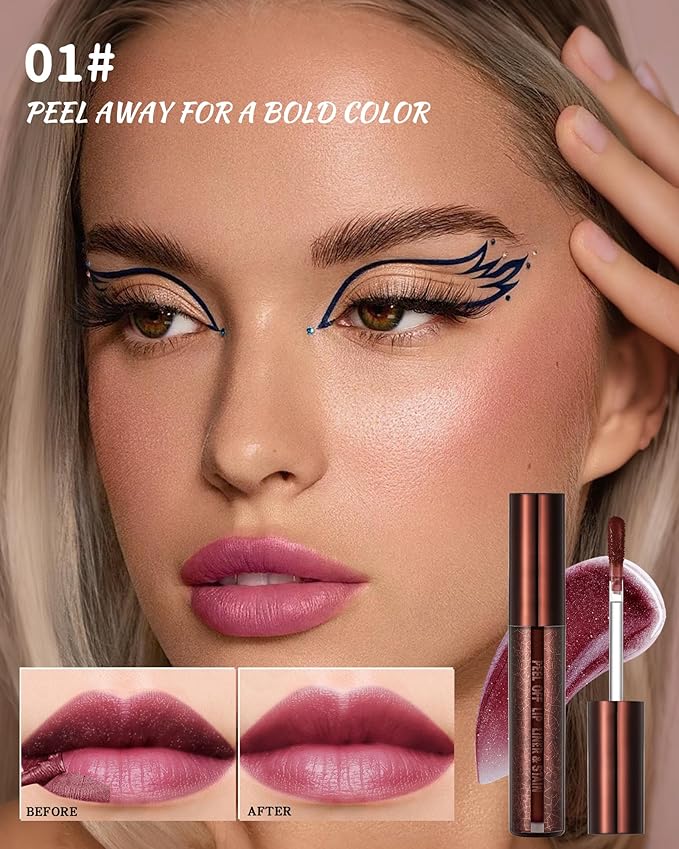 Peel Off Lip Liner Stain, Long Lasting Waterproof Transfer-Proof Lip Tint Stain Peel Off, Non-stick High Pigmented Lip Gloss Lipliner Tattoo, Liquid Tinted Lipstick, Lip Makeup Gift for Women Girl-01