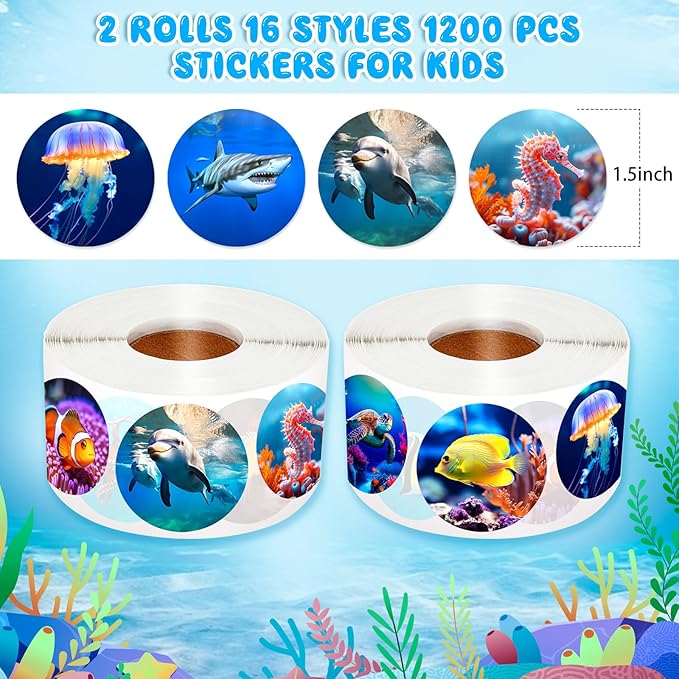 1200Pcs Roll Ocean Stickers Round Sea Animals Stickers for Kids Fish Sticker for Water Bottle Teacher Reward School Supplies Incentives (16 Styles)