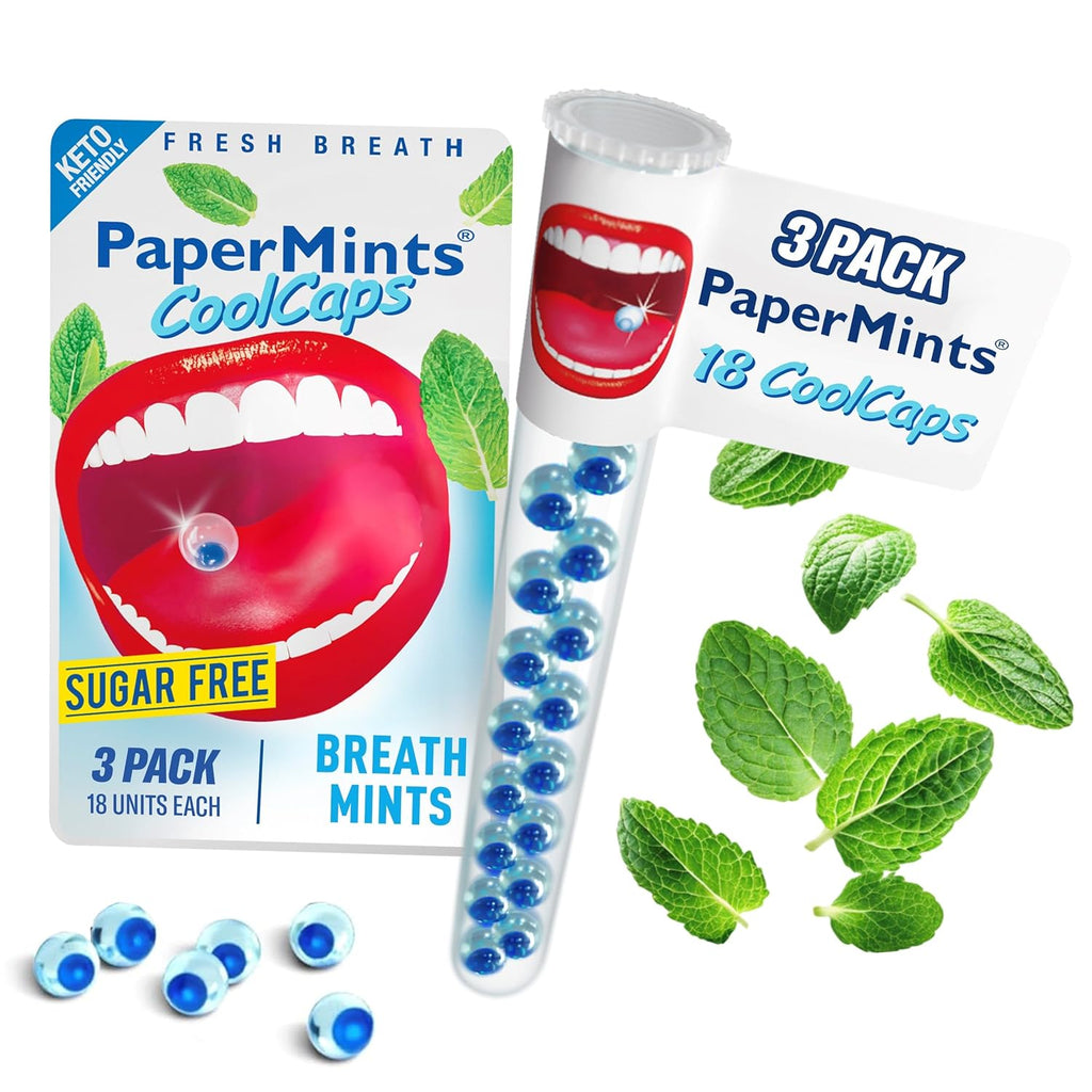 PaperMints CoolCaps - Instant Fresh Breath Mints Sugar-Free, 3 x Tubes of 18 capsules. Extreme Bad Breath Treatment for Adults