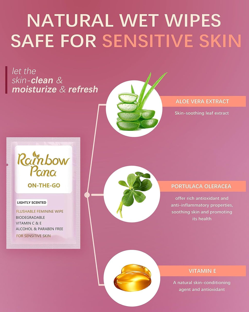 RainbowPana Feminine Wipes, 40 Count ON-THE-GO Individually Wrapped | Flushable Wipes, Travel Wipes for Women, Pre/Post-Intimacy Cleansing | Aloe, Portulaca, Vitamin E | pH Balanced, Biodegradable