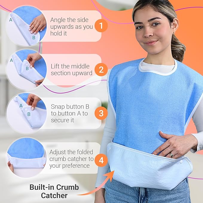 3 Pack Crumb Catcher Adult Bibs for Women, Comfortable Terry Cloth & Polyester bibs for Seniors, Waterproof Adult bibs for Men, Clothing Protectors for Seniors