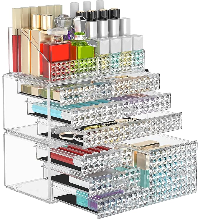 3 Pack Makeup Organizer Stackable[Upgraded], Acrylic Cosmetics Storage Cases with 8 Drawers Perfume Organizers For Brush Holder or Jewelry Display,Plus Size,Best For Vanity,Bathroom or Countertop