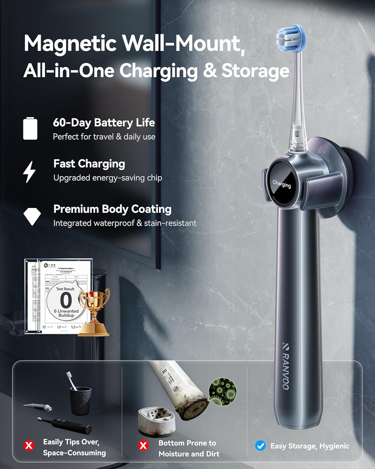 RANVOO AirJet II [Upgraded Jet Clean] Sonic Electric Toothbrush, 100% Plaque Removal, White for Adult Protect Gum Orthodontic Teeth Clean Rechargeable Gift with 3 Pro Brush Heads, Graphite Gray