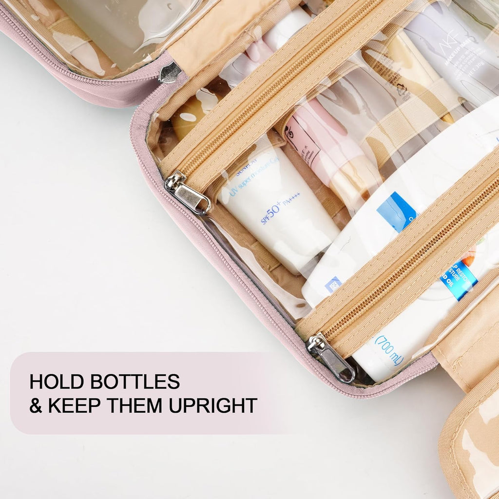 Travel Hanging Toiletry Bag for Women and Men, with 8 Leak Proofing Silicone Bottle Covers, Waterproof Makeup Accessories, Cosmetic Essentials, Cruise Ship Toiletries Bag with Jewelry Organizer, Pink