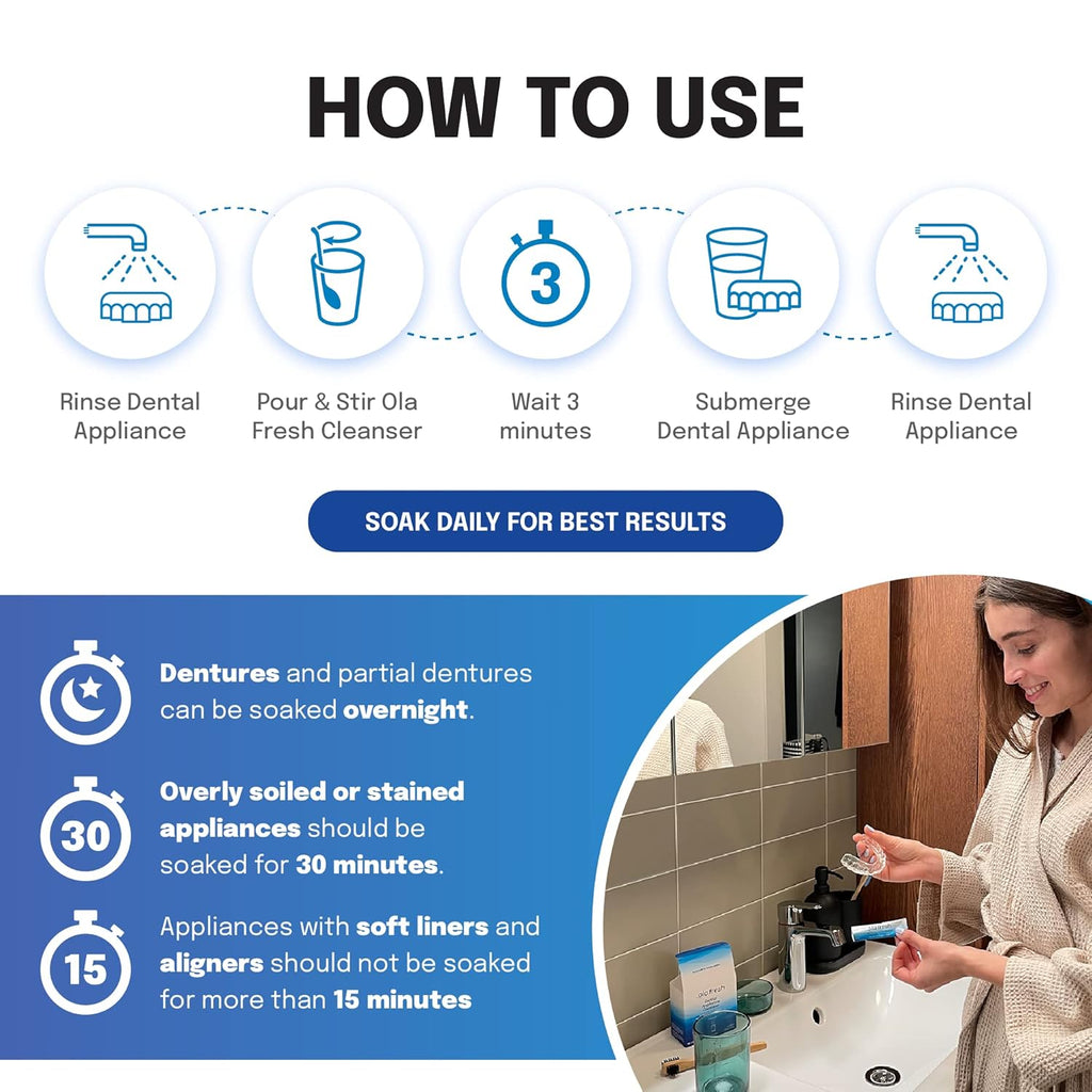 Ola Fresh Dental Appliance Cleanser, Professional Denture and Retainer Powder Cleanser (Mint Essence Flavor, 24 Packets, 6 Month Supply)