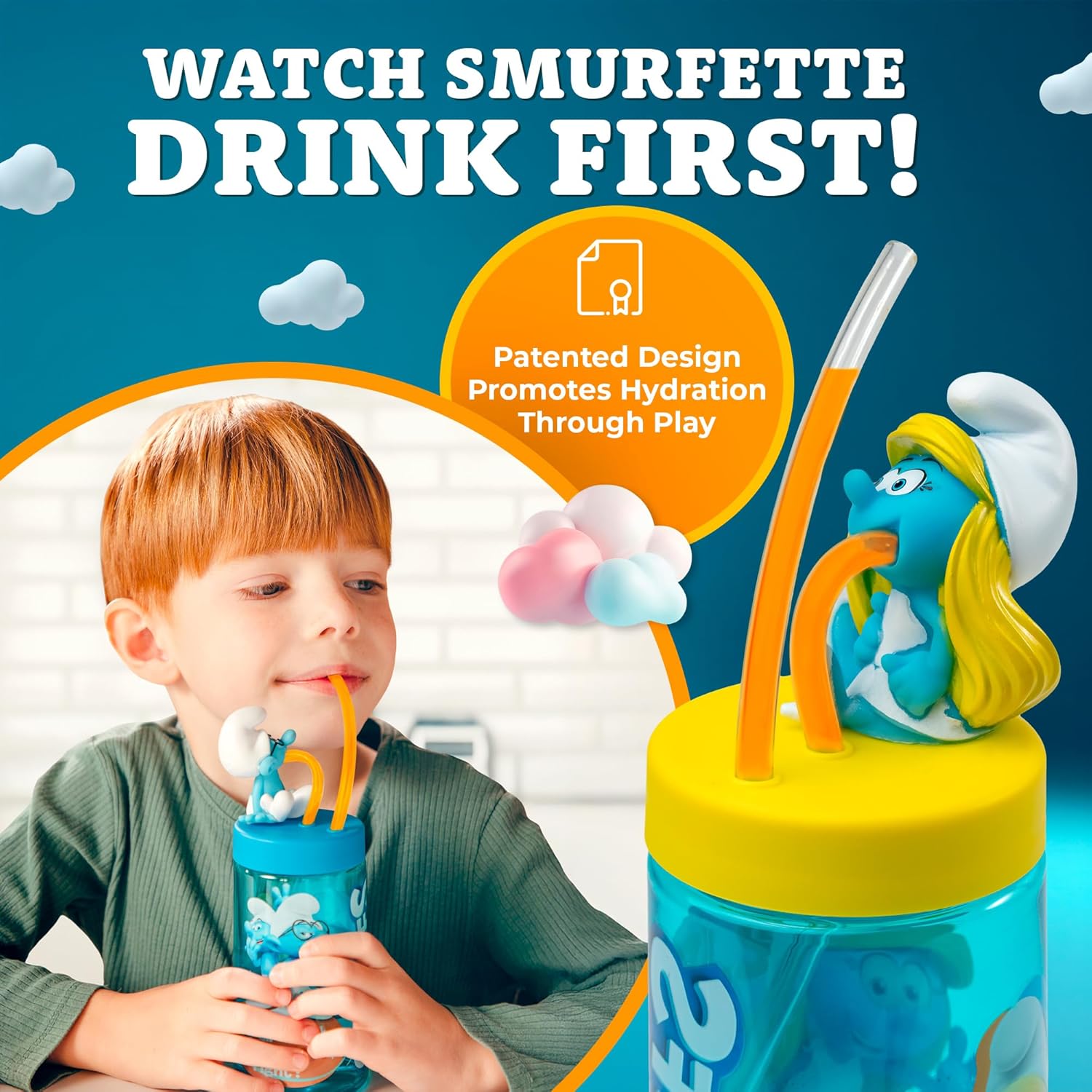 Smurfette Cup, Water Bottle, Tumbler with Lid and Straw, Travel Sippy Cup for Water or Milk, Cups with Lids BPA Free Plastic, 12 oz