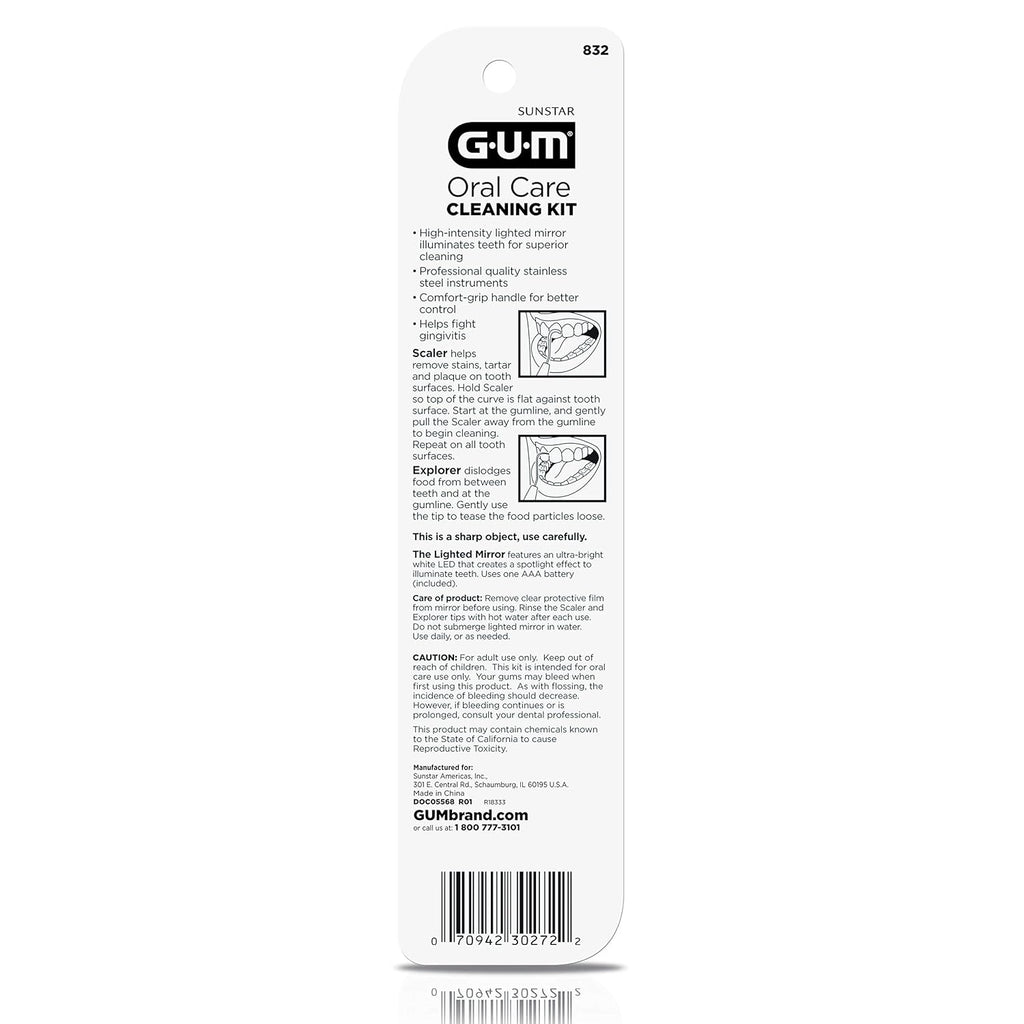 GUM Oral Care Dental Cleaning Kit, Dental Mirror with Light, Explorer Pick, and Dental Scaler, Professional Quality Stainless Steel Dental Tools, Easy-Grip Handle (Pack of 1)