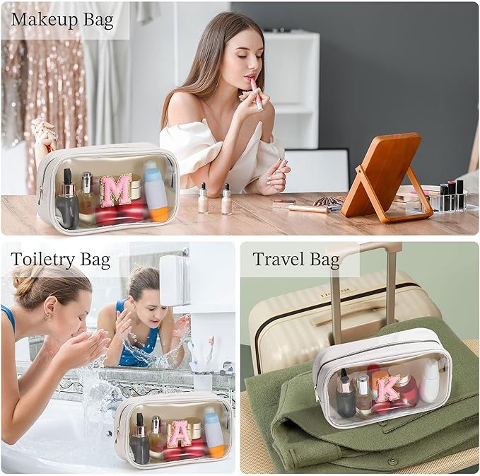 YOOLIFE Travel Toiletry Bag for Women, White Clear Makeup Bag Cute Make Up Bag Cosmetic Bags Skin Care Makeup Bag Organizer Birthday Gifts for Women Bridesmaid Mother Girlfriend Initial D