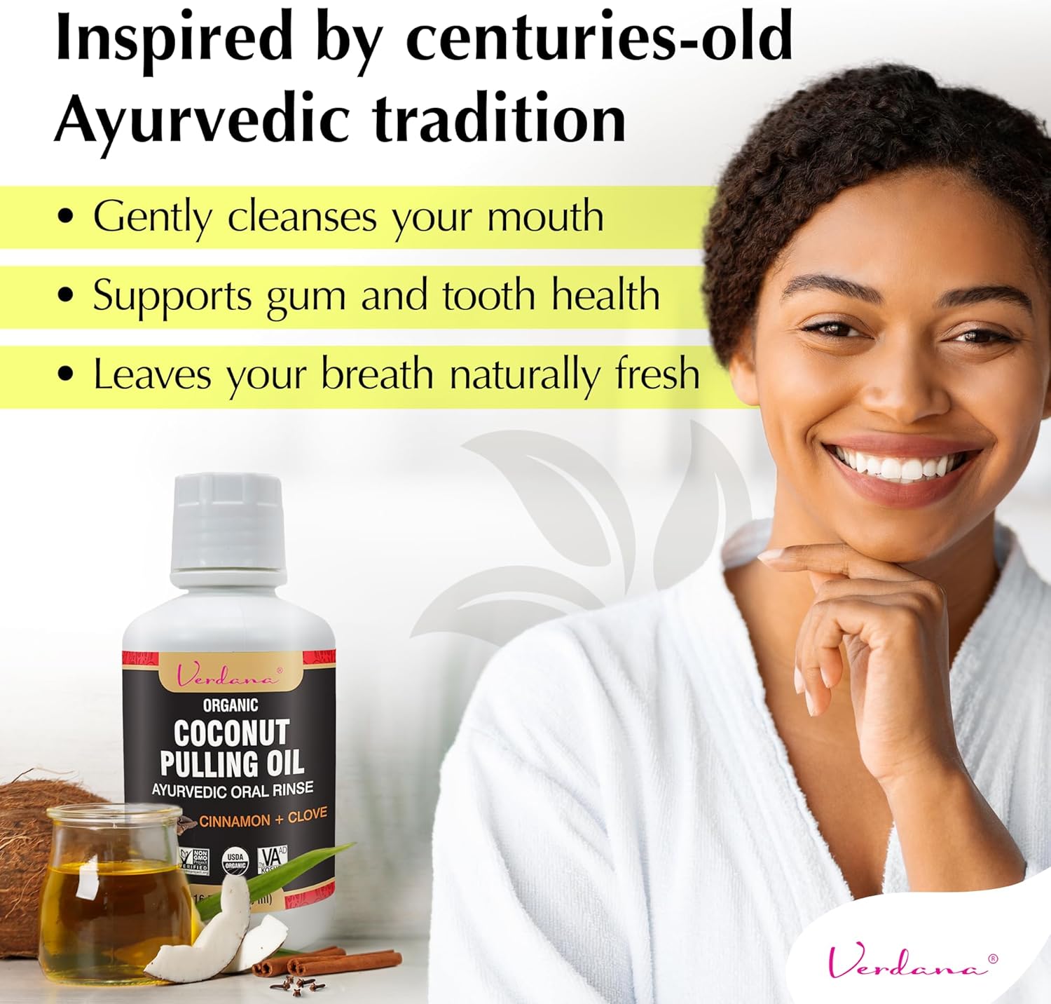 Verdana Organic Oil Pulling Mouthwash – 16 oz Cinnamon & Clove – USDA Organic Coconut Oil Rinse for Teeth & Gums – Alcohol-Free, Fluoride-Free Natural Mouthwash for Fresh Breath & Gum Health