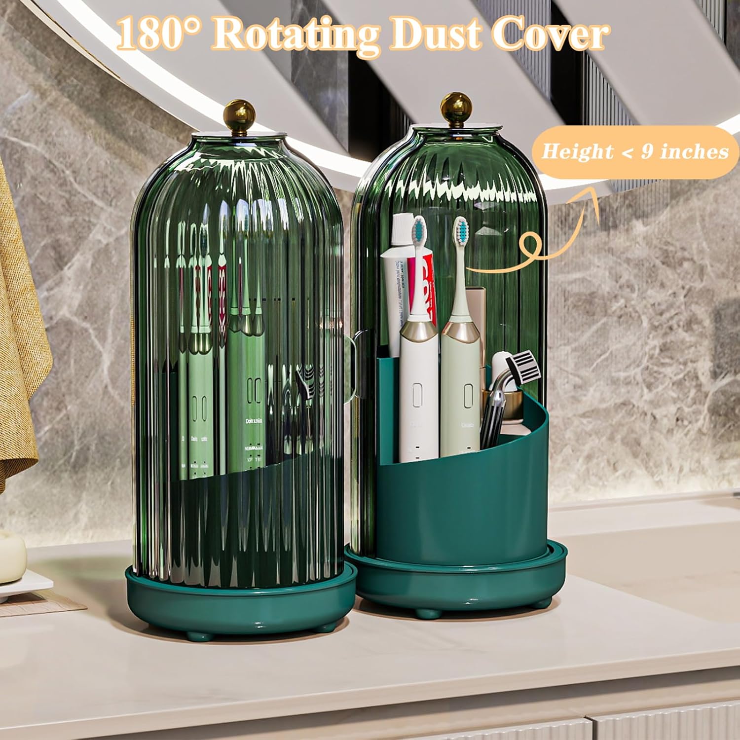 Toothbrush Holders with Cover, Drainage Rotating Electric Toothbrush Organizer, 3 Slots Tooth Brush Holder for Bathroom Counter, Green