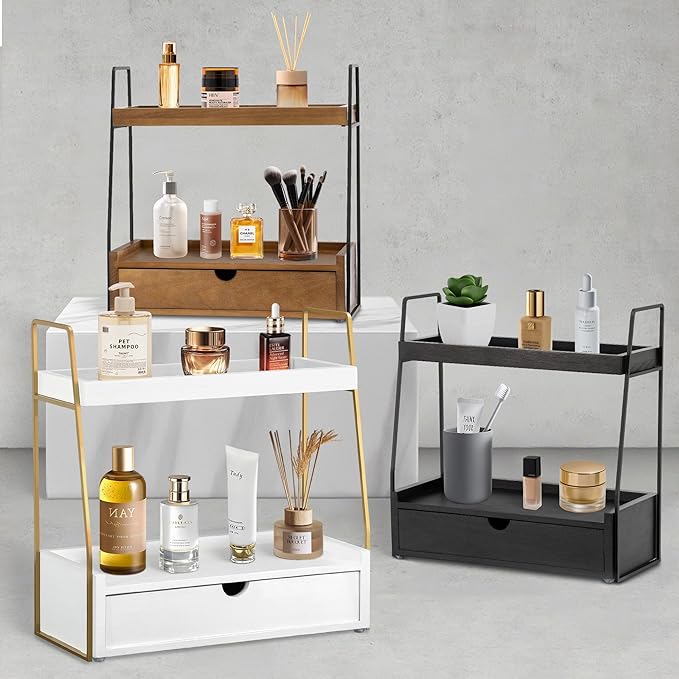 2-Tier Bathroom Organizer Countertop with Drawer, Wood Counter Organizer for Bathroom Decor, Sink Shelf for Vanity Storage, Makeup Tray for Perfume Skincare Bedroom Kitchen Corner