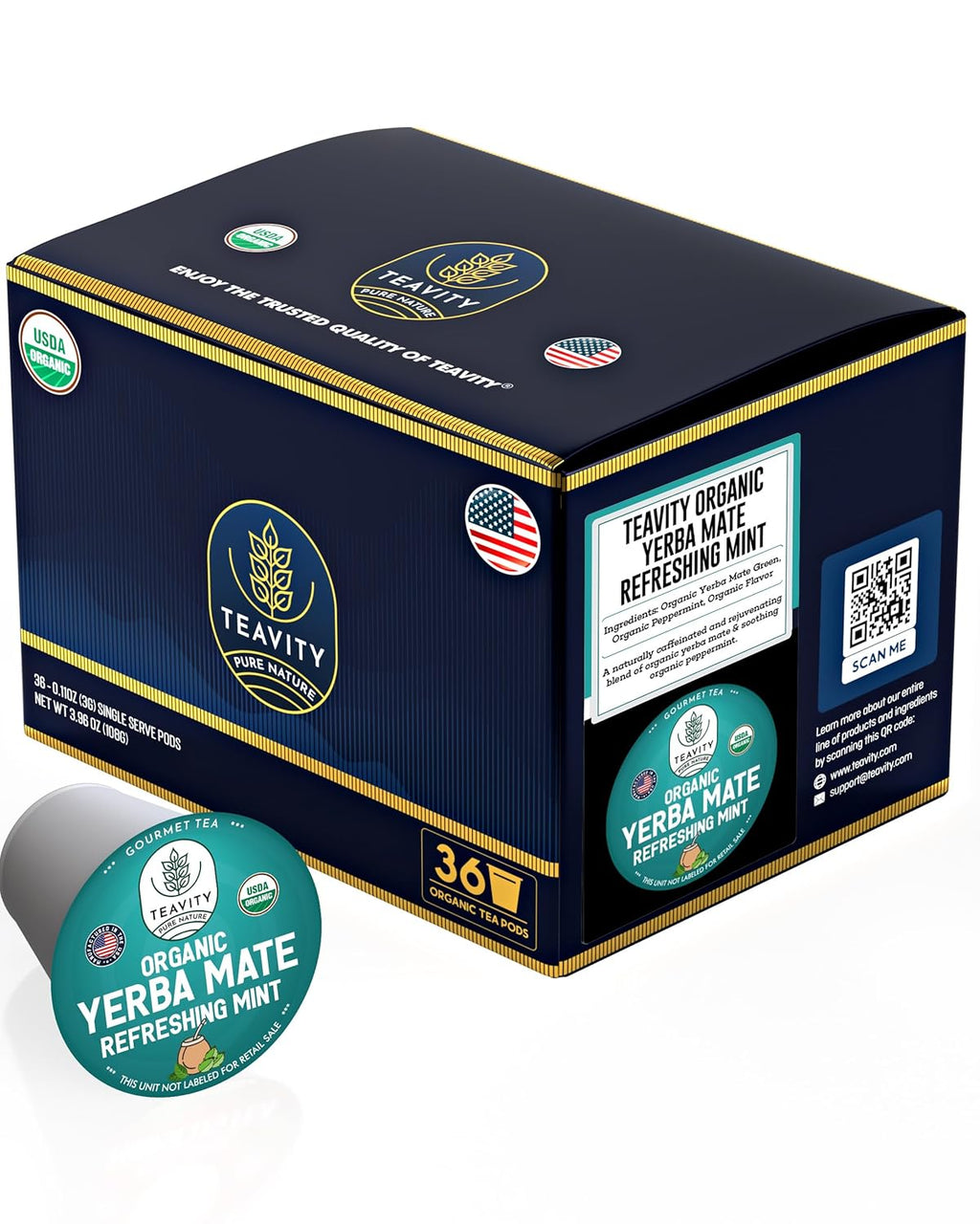 Organic Yerba Mate Refreshing Mint Tea Pods - Naturally Caffeinated Yerba Mate Tea Pod for Keurig Brewers by Teavity (36 Tea Pods)