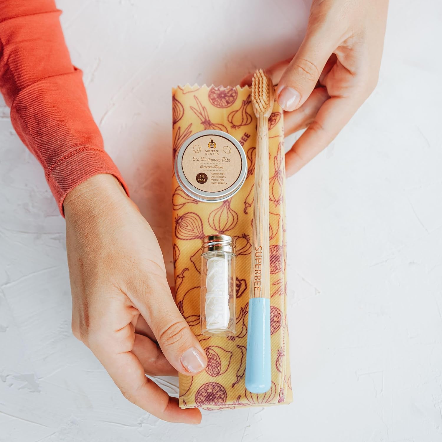 SuperBee Travel kit with Dentos Toothpaste Tablets 14 tabs, Natural Floss, Soft Bristles Bamboo Toothbrush - Fluoride Free & Eco Friendly, Travel Size kit Plastic Free