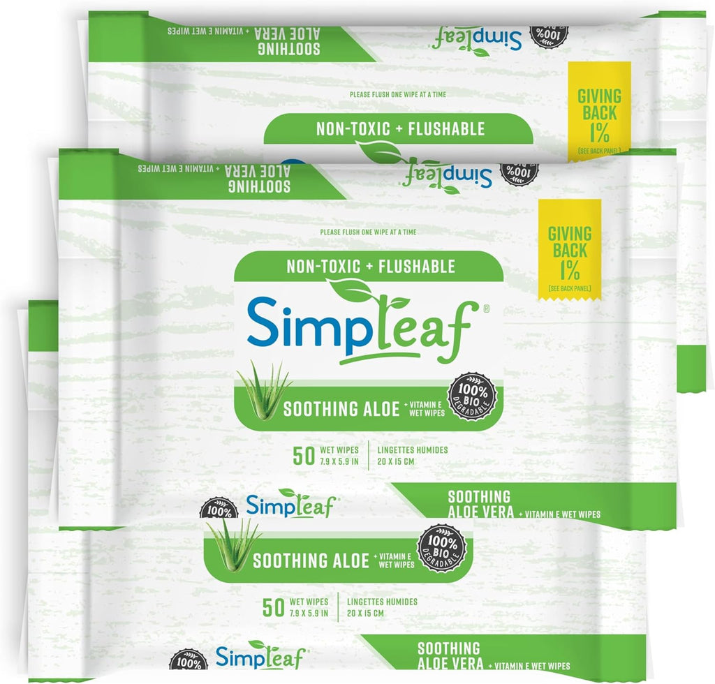 Simpleaf Flushable Wet Wipes Aloe Vera | Plastic Free, Paraben & Alcohol Free | Hypoallergenic & Safe for Sensitive Skin | Soothing Aloe Formula | Adult Toilet Wipes (3 x 50 Counts Pack) 150 Counts