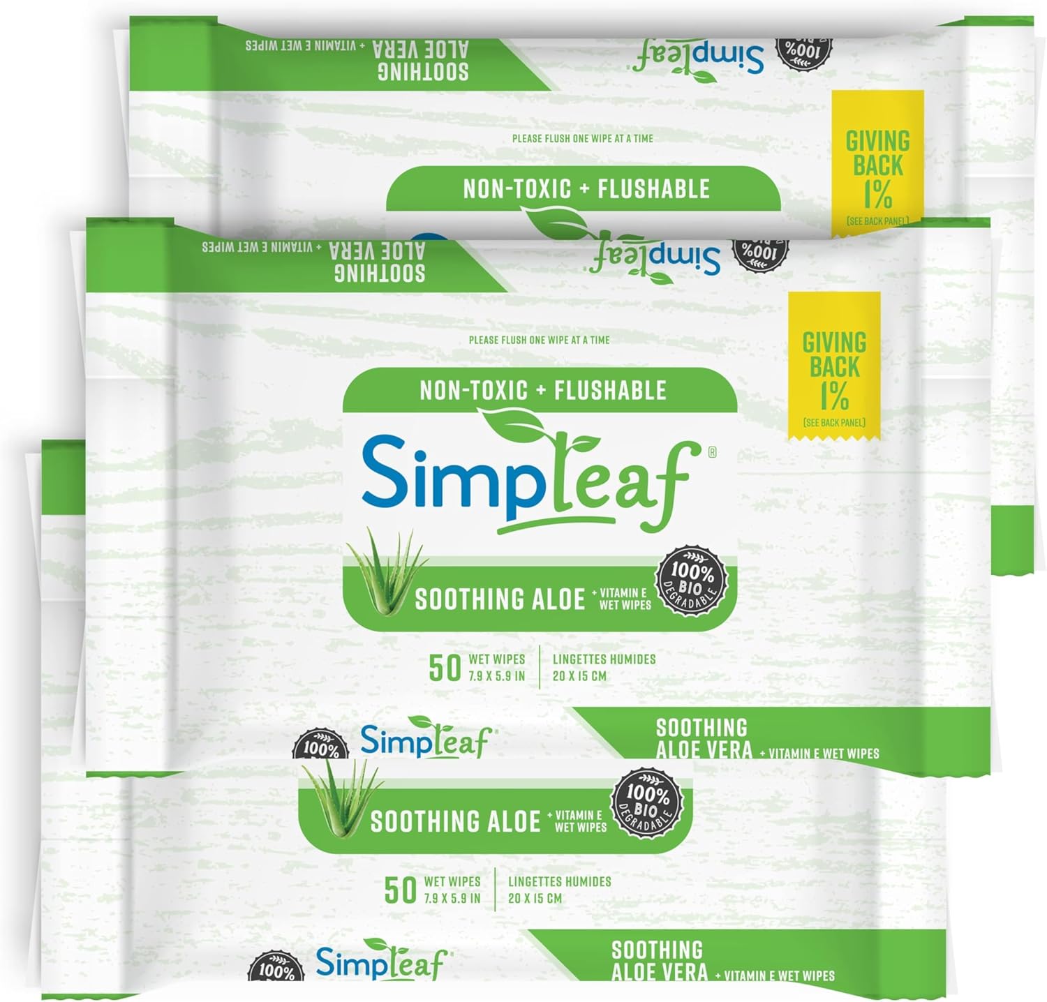Simpleaf Flushable Wet Wipes Aloe Vera | Plastic Free, Paraben & Alcohol Free | Hypoallergenic & Safe for Sensitive Skin | Soothing Aloe Formula | Adult Toilet Wipes (3 x 50 Counts Pack) 150 Counts
